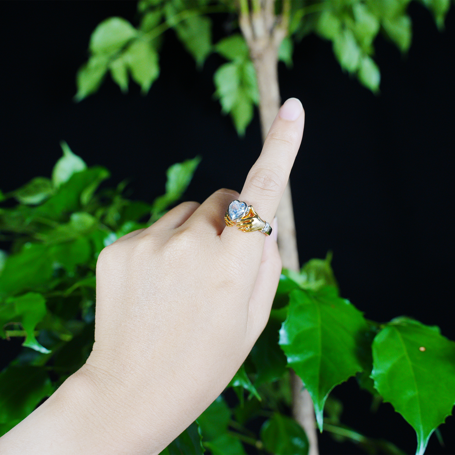 Hands Holding Heart Ring with CZ Stone Vintage Romantic Couple Jewelry