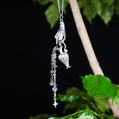 Mythic Hand Holding Vase Necklace with Stars, Vintage Long Pendant, Gothic Statement Jewelry Gift