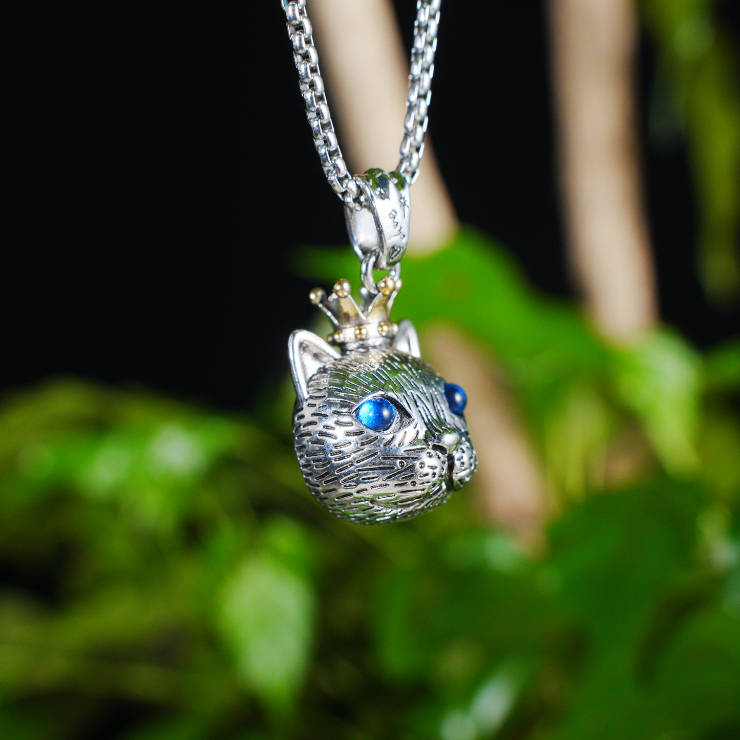 Gothic Royal Cat Pendant, Blue-Eyed Crowned Cat Necklace, Fantasy Animal Jewelry