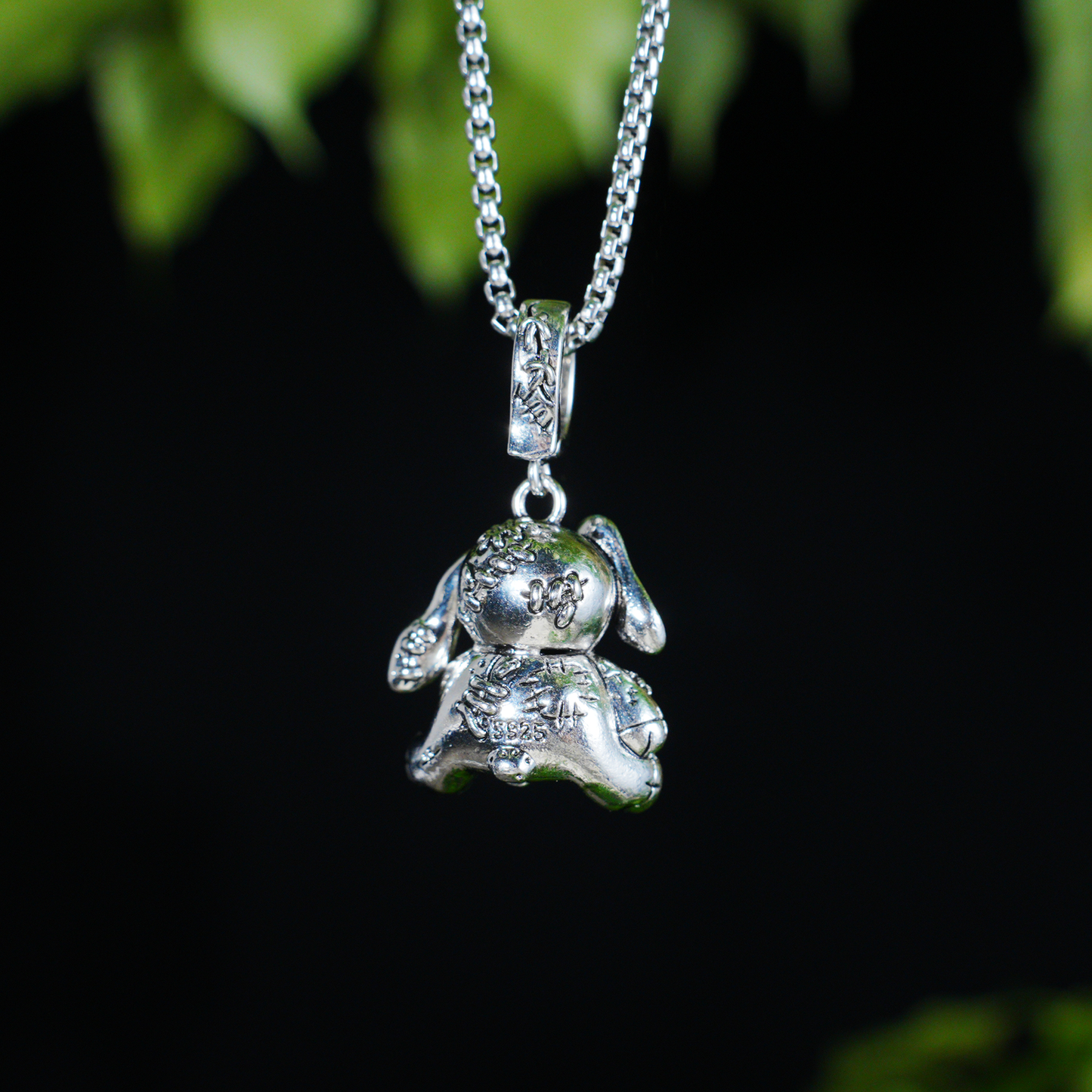 Gothic Stitched Bunny Pendant, Dark Fantasy Plush Rabbit Necklace, Creepy Cute Jewelry