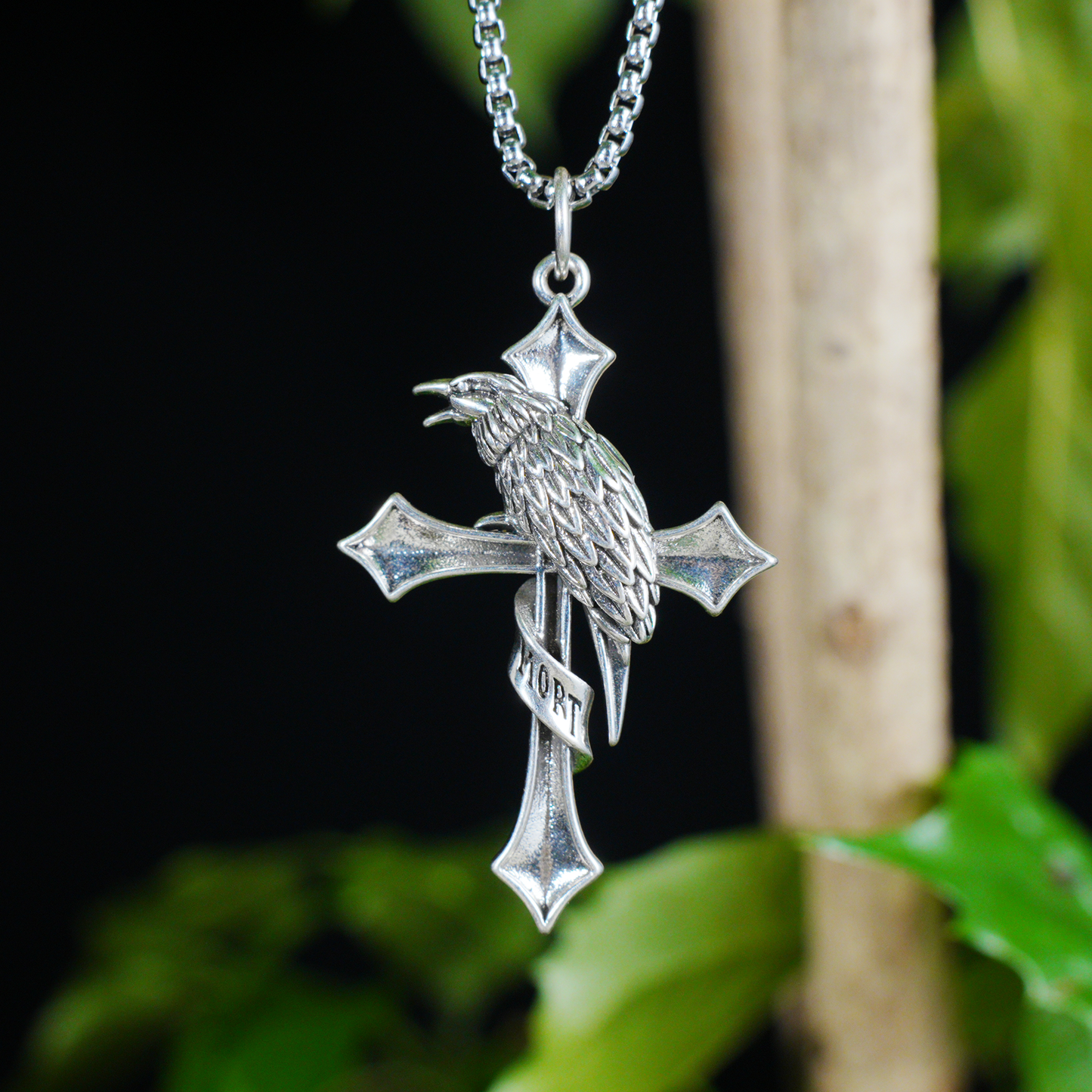 Raven & Cross Gothic Pendant, Dark Gothic brass Necklace, Symbol of Fate & Mystery