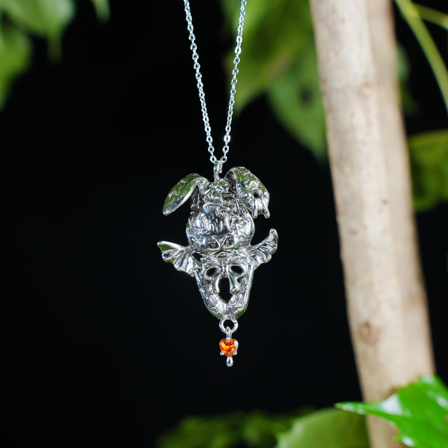 Gothic Winged Bunny Pendant, Orange Heart Gem Fantasy Rabbit Necklace, Gothic Animal Jewelry