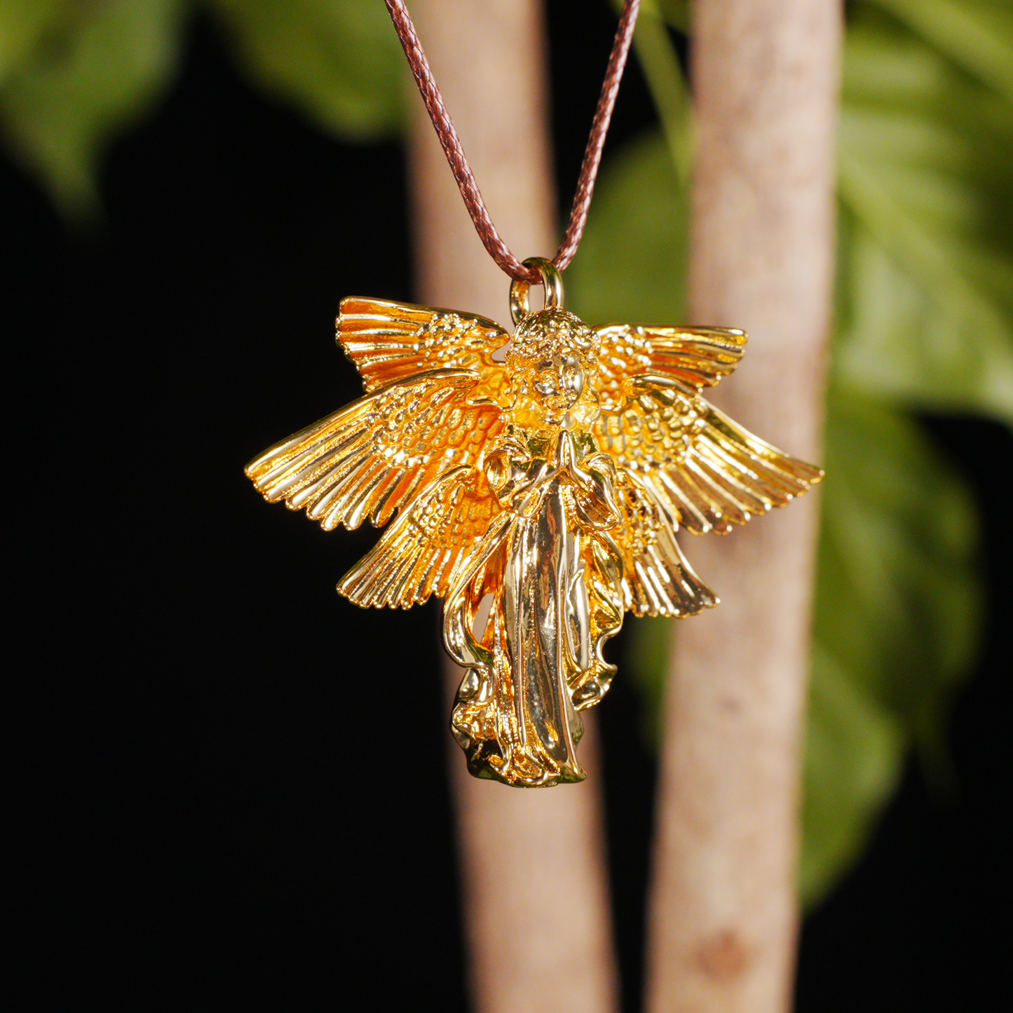 Golden Guardian Angel Pendant, Vintage Winged Angel Necklace, Gothic Religious Jewelry
