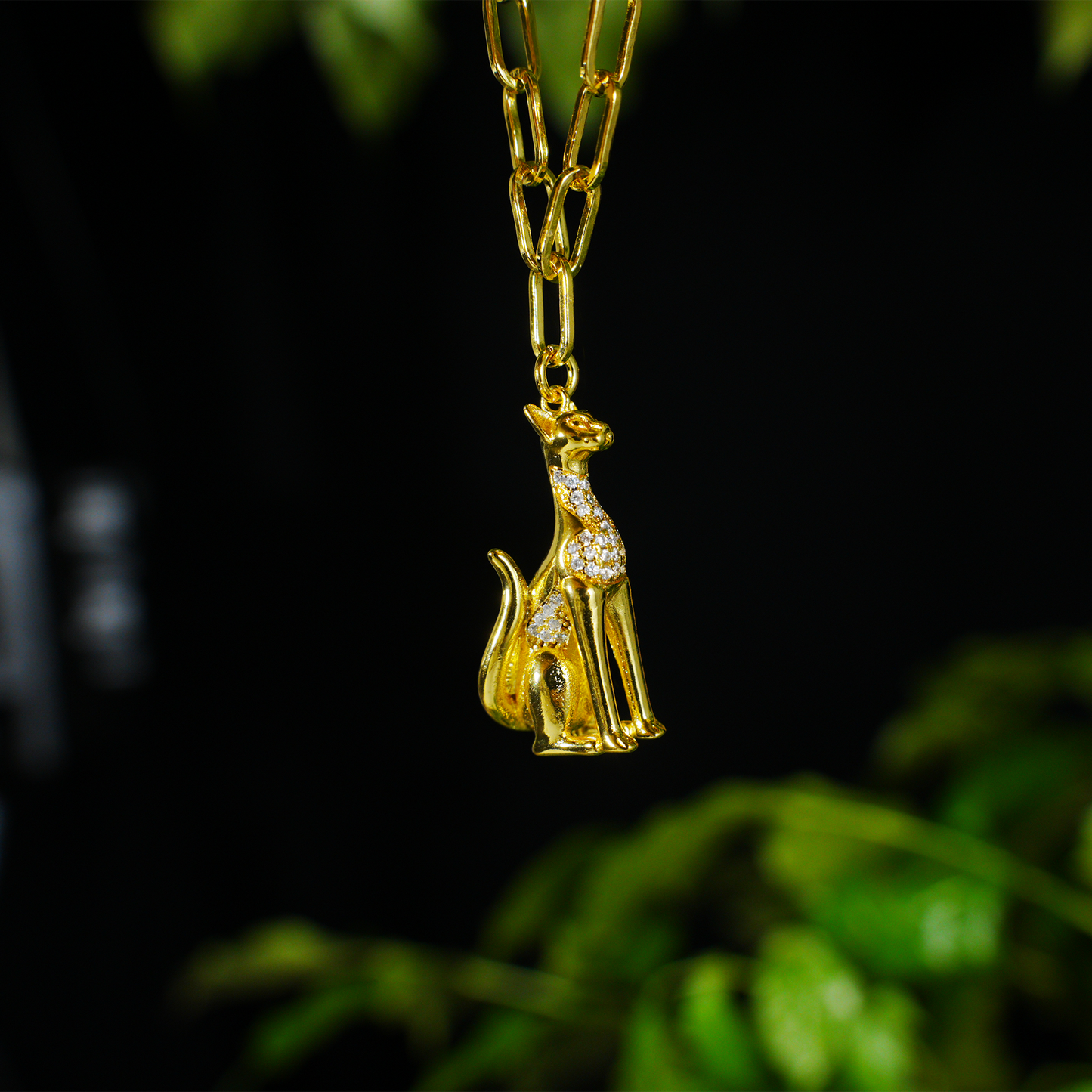 Egyptian Cat Goddess Pendant Necklace Vintage Gold with Crystal Lux Statement Jewelry