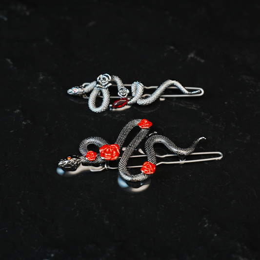 Serpent & Rose Hair Clip, Gothic Myth-Inspired Snake Barrette with Gem Eyes