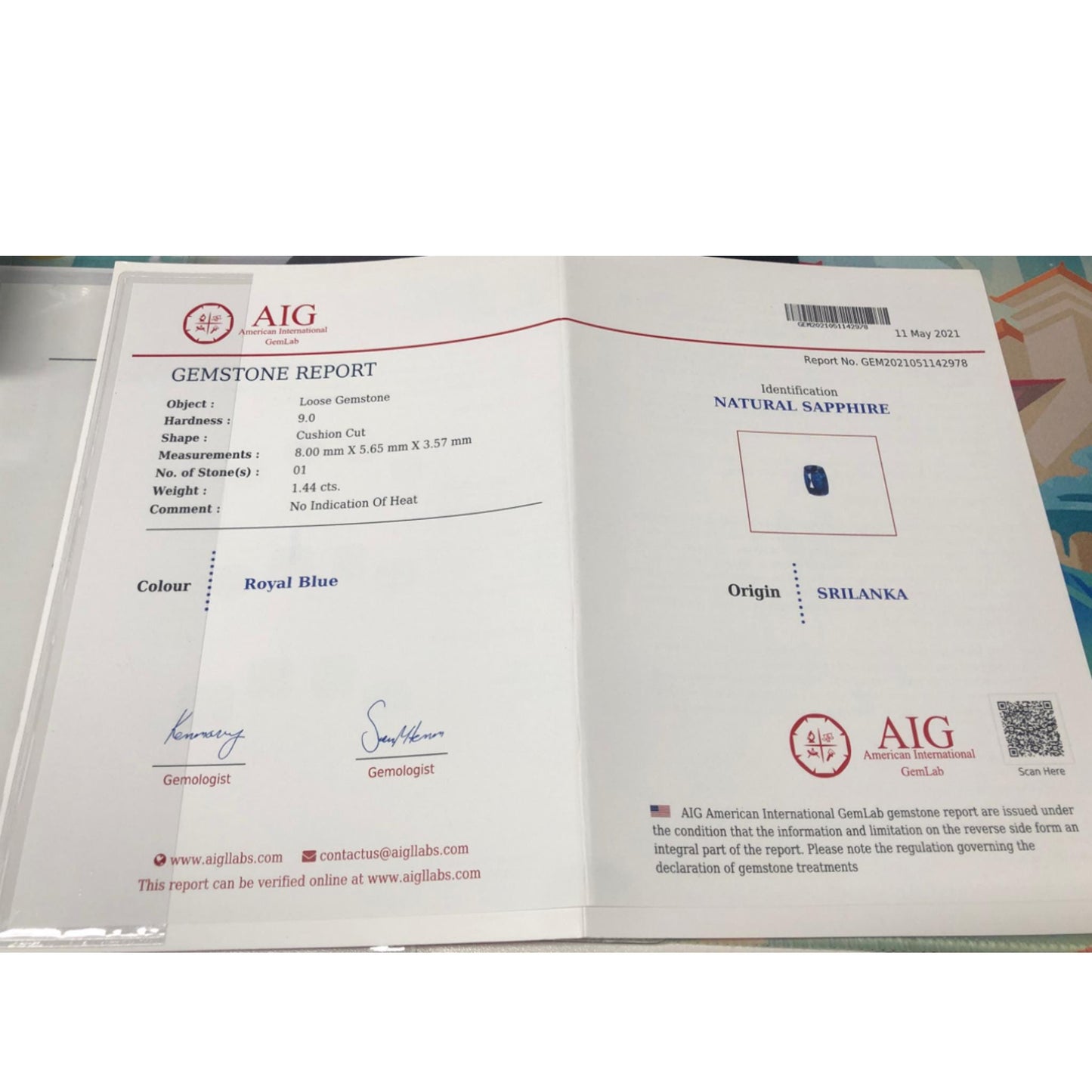 Natürlicher Saphir - 1.44ct - Kissenschliff - Royalblau - Unbehandelt aus Sri Lanka - Ideal für Schmuckdesign oder Sammler