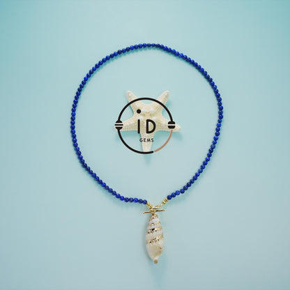 Lapis Lazuli Shell Pendant Necklace｜Natural Energy Jewelry｜Vintage Ocean Style｜Handmade Summer Beach Gift｜Blue Gemstone Choker
