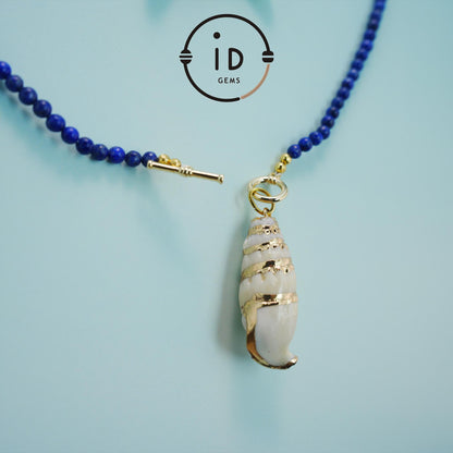Lapis Lazuli Shell Pendant Necklace｜Natural Energy Jewelry｜Vintage Ocean Style｜Handmade Summer Beach Gift｜Blue Gemstone Choker