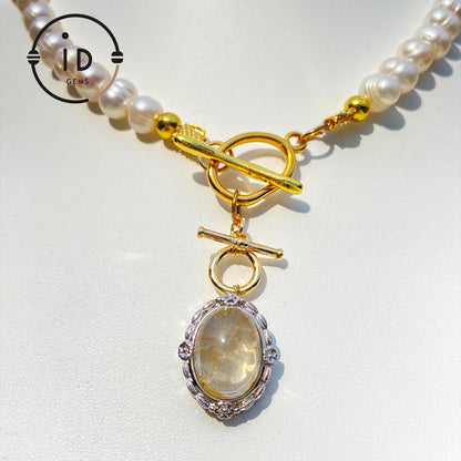 Baroque Pearl Necklace with Phantom Quartz Pendant｜Nature-Inspired Beaded Necklace｜Handmade Spiritual Jewelry Gift