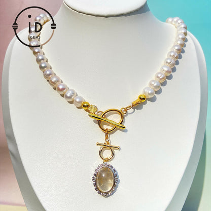Baroque Pearl Necklace with Phantom Quartz Pendant｜Nature-Inspired Beaded Necklace｜Handmade Spiritual Jewelry Gift