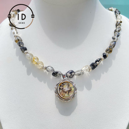 Handmade Cameo Necklace with Girl Pendant｜Black Rutilated Quartz Beads｜Natural Shell Cameo｜Unique Personalized Jewelry Gift