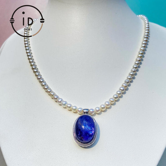 Natural Pearl Necklace with Dark Blue Sodalite Pendant｜Round Freshwater Pearls｜Handmade Elegant Jewelry｜Unique Gift for Women