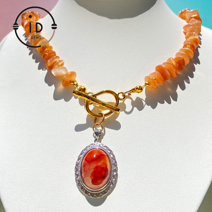 Orange Sunstone Beaded Necklace with Phantom Quartz Pendant｜Handmade Natural Gemstone Jewelry｜Spiritual Healing Gift