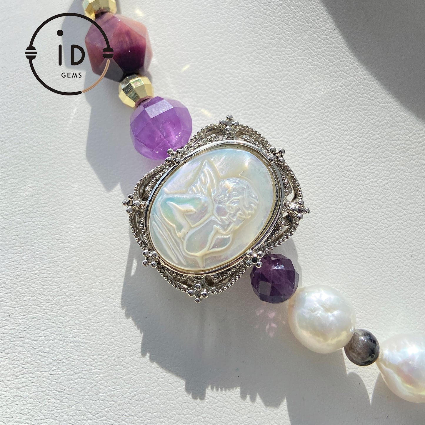 Massive Vintage Barock-Perlen Amethyst Perlenkette｜Engelsmuschel-Gravur + Sonnenstein Schlangenmotiv｜Heilender Geschenkartikel