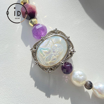 Massive Vintage Barock-Perlen Amethyst Perlenkette｜Engelsmuschel-Gravur + Sonnenstein Schlangenmotiv｜Heilender Geschenkartikel