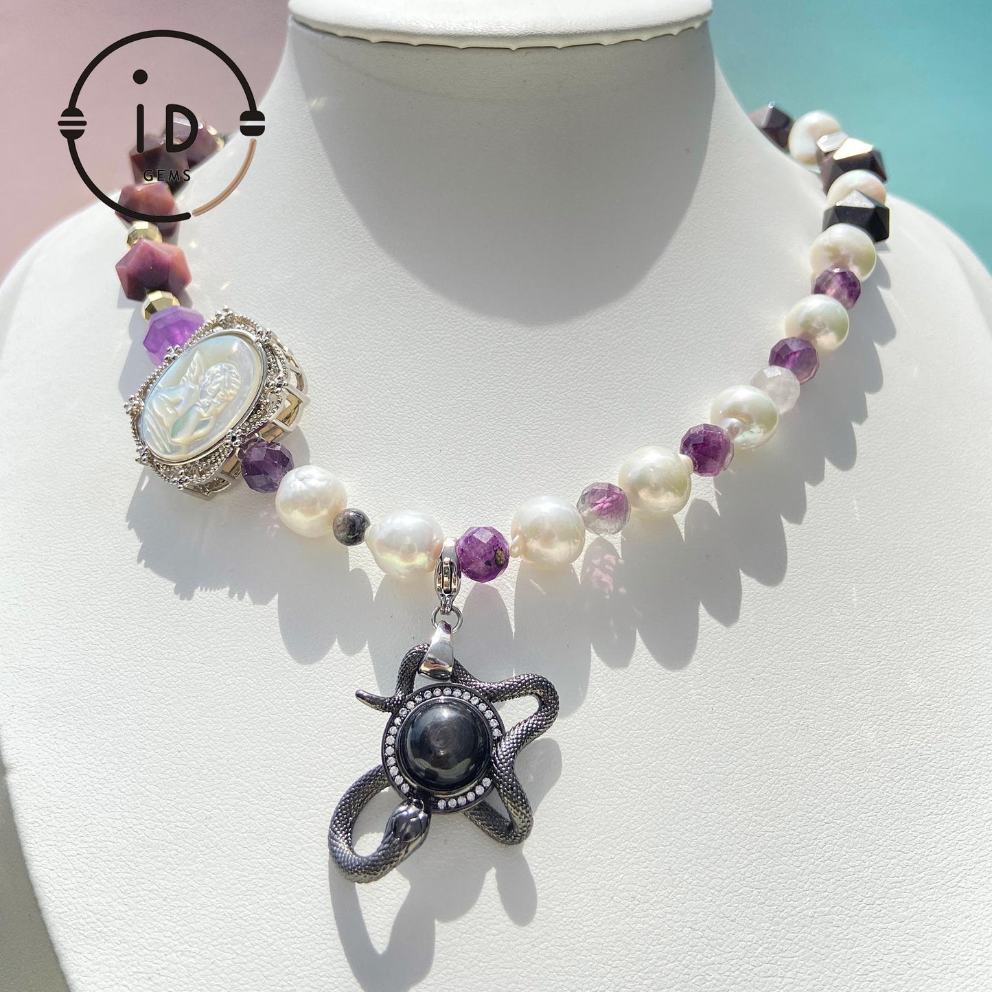 Massive Vintage Barock-Perlen Amethyst Perlenkette｜Engelsmuschel-Gravur + Sonnenstein Schlangenmotiv｜Heilender Geschenkartikel