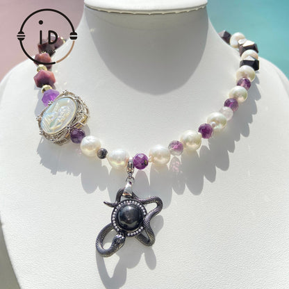 Massive Vintage Barock-Perlen Amethyst Perlenkette｜Engelsmuschel-Gravur + Sonnenstein Schlangenmotiv｜Heilender Geschenkartikel