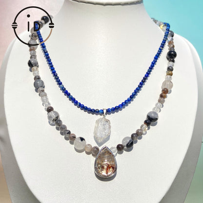 Handmade Double Gemstone Necklace with Lapis Lazuli, Phantom Quartz & Natural Crystal｜Layered Beaded Necklace Gift｜Spiritual Healing Jewelry