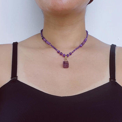 Short Amethyst Beaded Necklace with Purple Fluorite Pendant｜Handmade Spiritual Jewelry｜Meditation Gift for Women