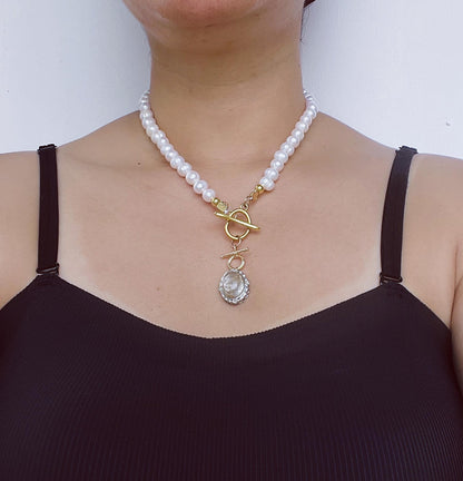Baroque Pearl Necklace with Phantom Quartz Pendant｜Nature-Inspired Beaded Necklace｜Handmade Spiritual Jewelry Gift