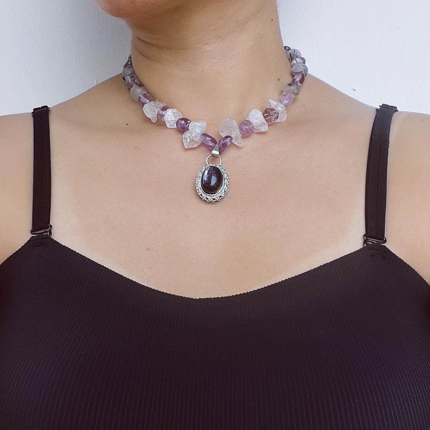 Chunky Amethyst & Clear Quartz Necklace with Moonstone Pendant｜Handmade Vintage-Style Statement Jewelry for Women