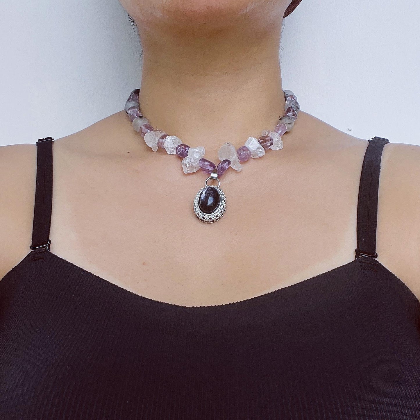 Chunky Amethyst & Clear Quartz Necklace with Moonstone Pendant｜Handmade Vintage-Style Statement Jewelry for Women