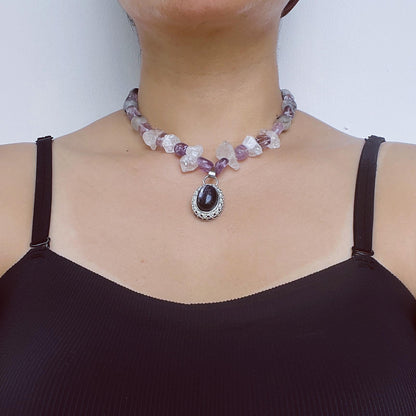 Chunky Amethyst & Clear Quartz Necklace with Moonstone Pendant｜Handmade Vintage-Style Statement Jewelry for Women