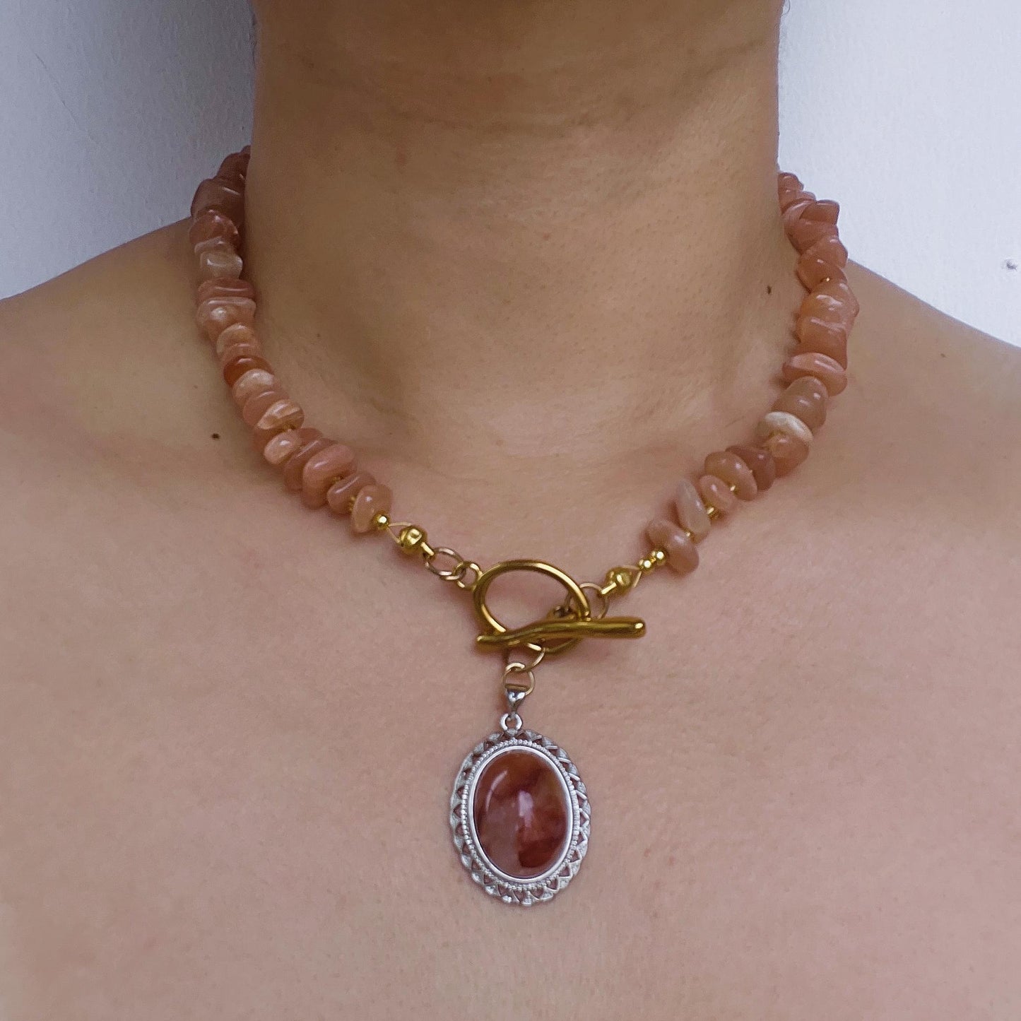 Orange Sunstone Beaded Necklace with Phantom Quartz Pendant｜Handmade Natural Gemstone Jewelry｜Spiritual Healing Gift