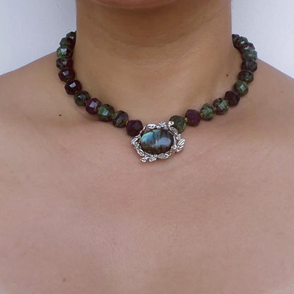 Große Smaragd-Perlenkette im Zauberwald-Stil | Labradorit spiritueller Anhänger | Vintage Gothic Schmuck | Einzigartiges Geschenk