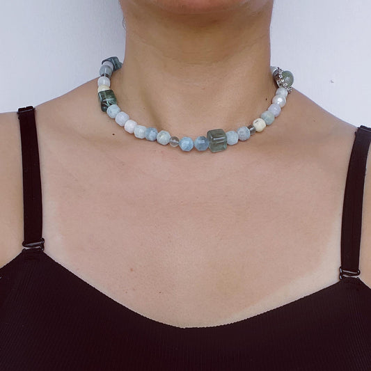 Summer Gemstone Necklace with Aquamarine, Morganite & Green Phantom Quartz | Handmade Beaded Jewelry Gift for Women