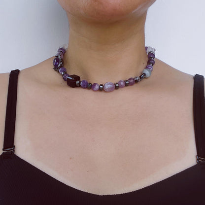 Dicke Amethyst-Halskette mit handgefertigtem Design im spirituellen Boho-Stil｜Geschenk für Meditationsräume