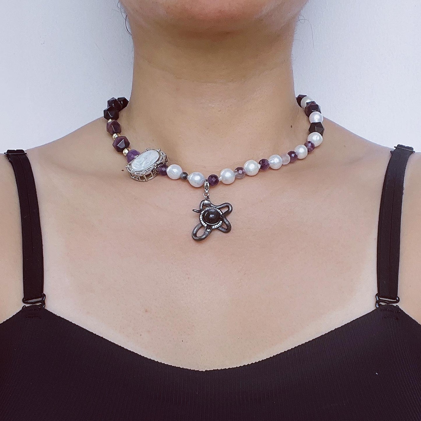 Massive Vintage Barock-Perlen Amethyst Perlenkette｜Engelsmuschel-Gravur + Sonnenstein Schlangenmotiv｜Heilender Geschenkartikel