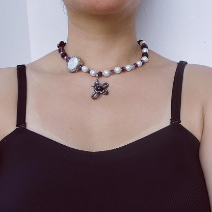 Massive Vintage Barock-Perlen Amethyst Perlenkette｜Engelsmuschel-Gravur + Sonnenstein Schlangenmotiv｜Heilender Geschenkartikel