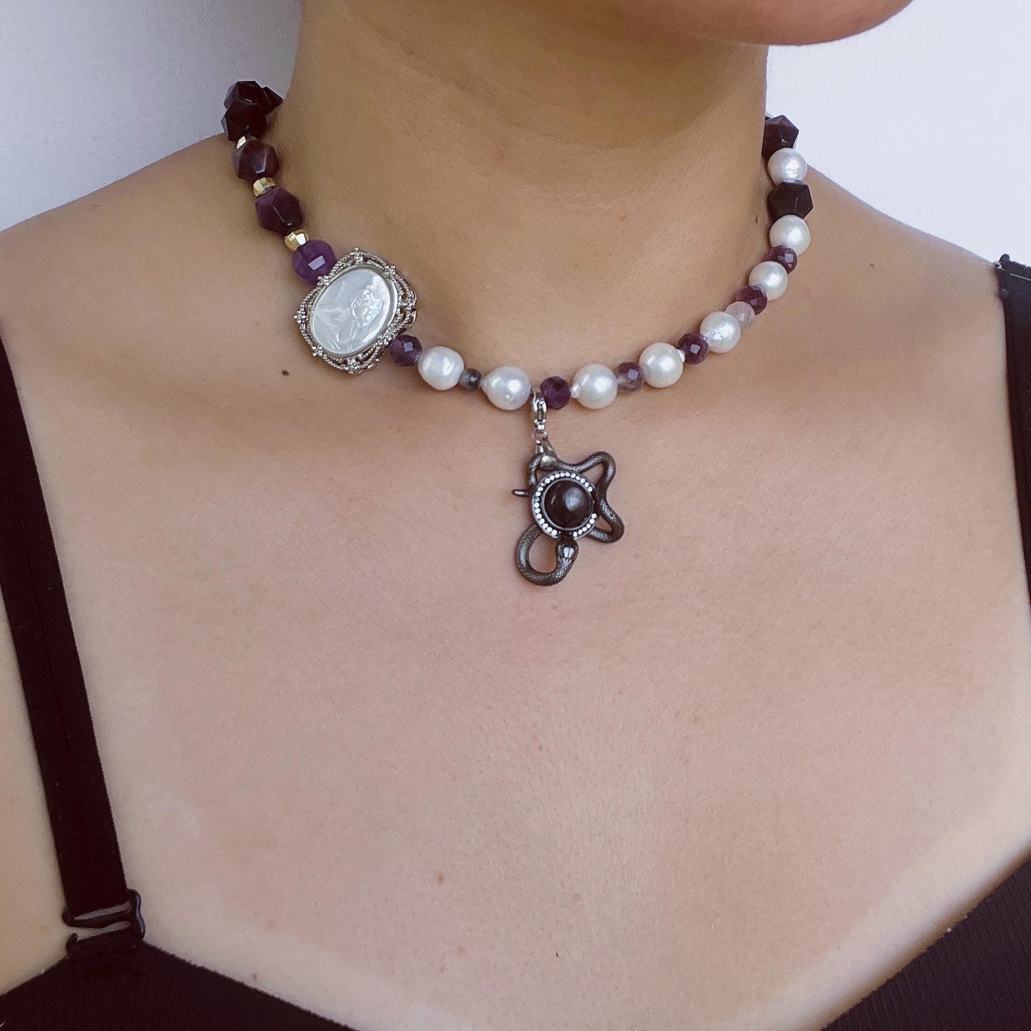 Massive Vintage Barock-Perlen Amethyst Perlenkette｜Engelsmuschel-Gravur + Sonnenstein Schlangenmotiv｜Heilender Geschenkartikel