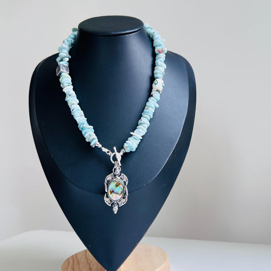 Natural Larimar & Abalone Shell Pendant Necklace｜Blue Handmade Necklace｜Unique Jewelry Design｜Fresh, Elegant & Spiritual Style