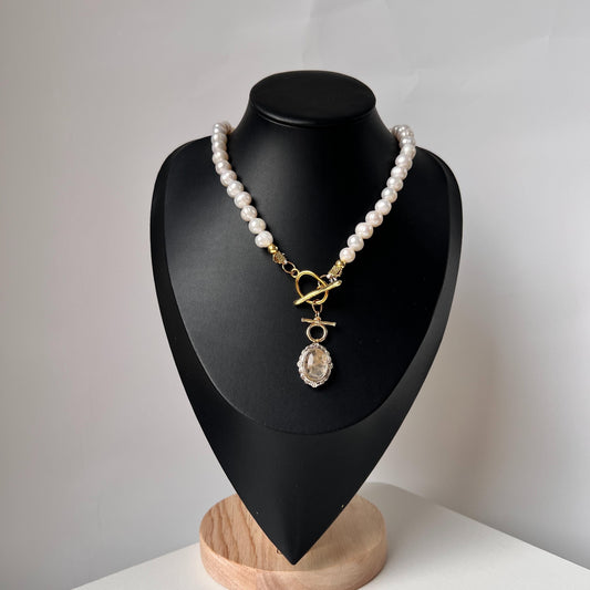 Baroque Pearl Necklace with Phantom Quartz Pendant｜Nature-Inspired Beaded Necklace｜Handmade Spiritual Jewelry Gift