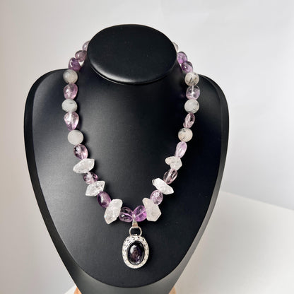 Chunky Amethyst & Clear Quartz Necklace with Moonstone Pendant｜Handmade Vintage-Style Statement Jewelry for Women