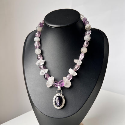 Chunky Amethyst & Clear Quartz Necklace with Moonstone Pendant｜Handmade Vintage-Style Statement Jewelry for Women