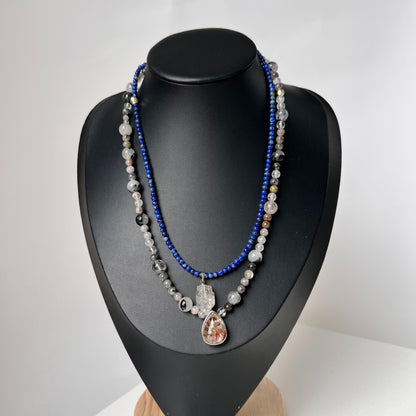 Handmade Double Gemstone Necklace with Lapis Lazuli, Phantom Quartz & Natural Crystal｜Layered Beaded Necklace Gift｜Spiritual Healing Jewelry