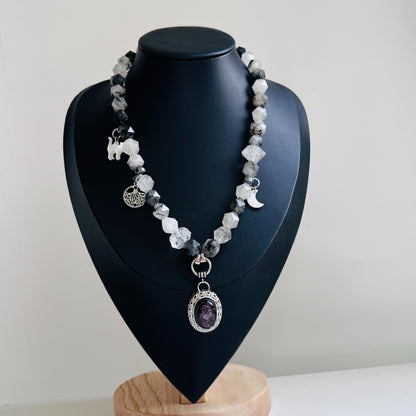 Raw Crystal Pendant Necklace｜Boho Energy Jewelry｜Clear Quartz, Tourmalinated Quartz & Fluorite｜Handmade Spiritual Healing Necklace