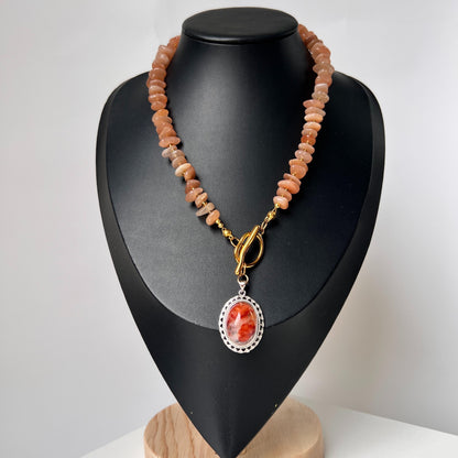 Orange Sunstone Beaded Necklace with Phantom Quartz Pendant｜Handmade Natural Gemstone Jewelry｜Spiritual Healing Gift