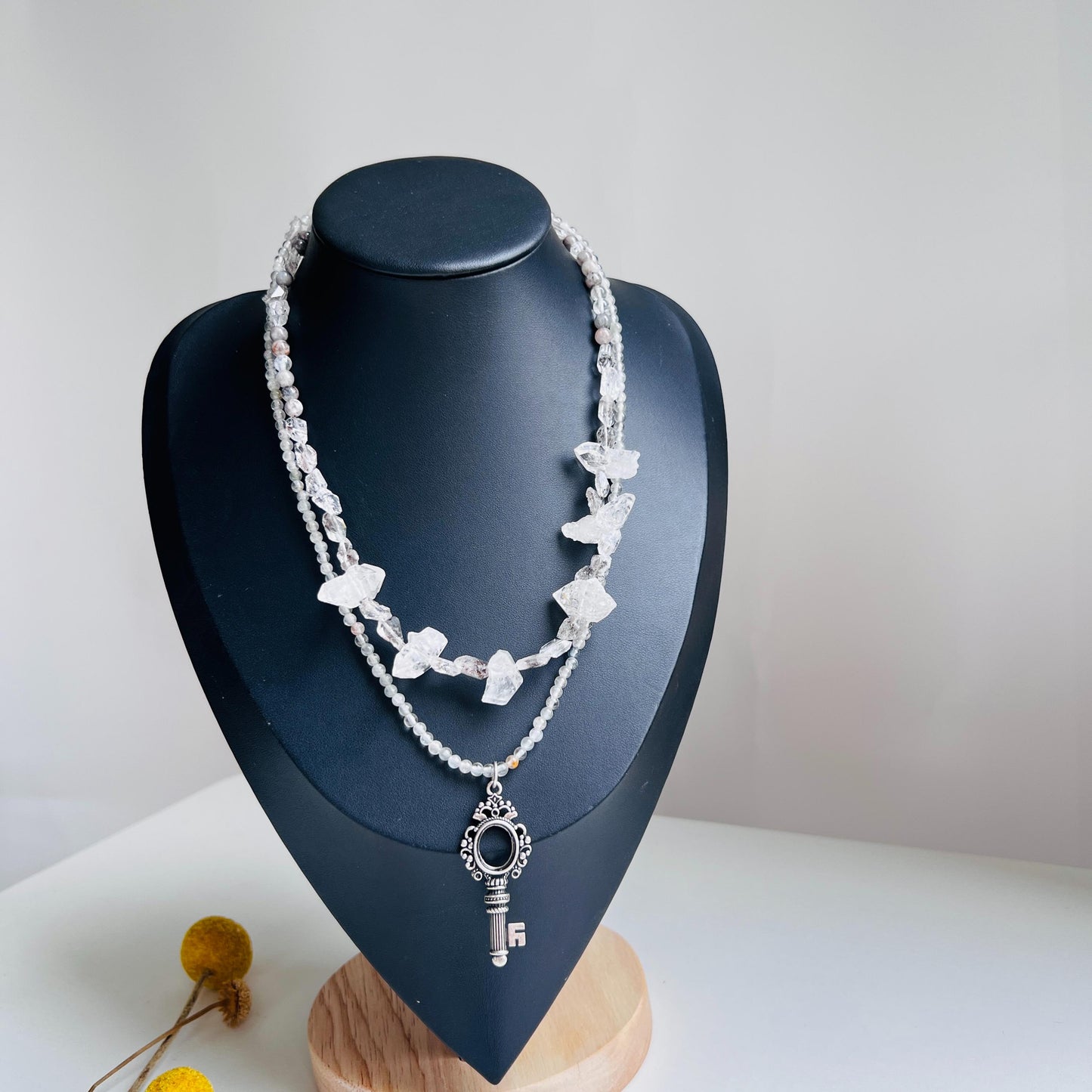 Double Layer Handmade Necklace with Phantom Quartz & Raw Crystal Beads｜Fluorite Accents｜Unique Spiritual Jewelry｜Elegant Gift for Women