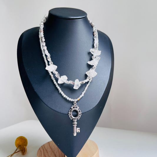 Double Layer Handmade Necklace with Phantom Quartz & Raw Crystal Beads｜Fluorite Accents｜Unique Spiritual Jewelry｜Elegant Gift for Women