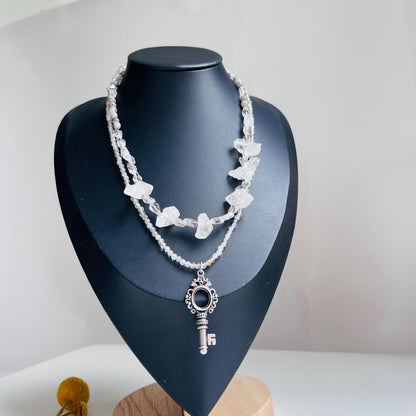 Double Layer Handmade Necklace with Phantom Quartz & Raw Crystal Beads｜Fluorite Accents｜Unique Spiritual Jewelry｜Elegant Gift for Women