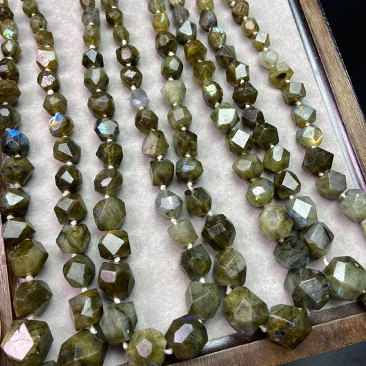 Irregular Green Shimmer Labradorite Faceted Beads 7–14 mm · 38 cm Strand Pre-Drilled for DIY Jewelry, Energy & Decoration