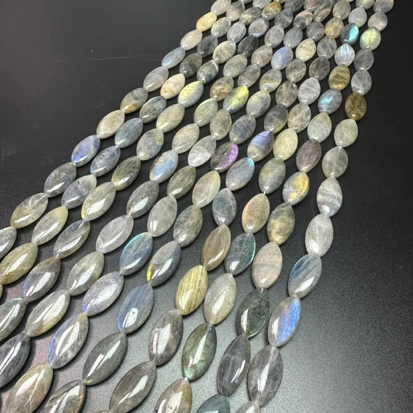 Natural Labradorite Marquise Beads 10×20×5 mm · 38 cm Strand · Aurora Borealis Shimmer Gray with Blue, Green & Gold for DIY Jewelry