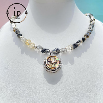 Handmade Cameo Necklace with Girl Pendant｜Black Rutilated Quartz Beads｜Natural Shell Cameo｜Unique Personalized Jewelry Gift