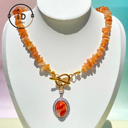 Orange Sunstone Beaded Necklace with Phantom Quartz Pendant｜Handmade Natural Gemstone Jewelry｜Spiritual Healing Gift