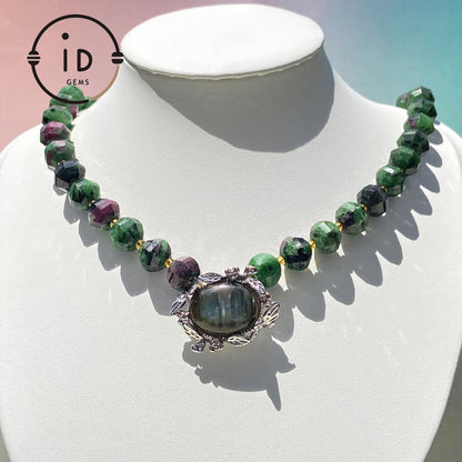 Große Smaragd-Perlenkette im Zauberwald-Stil | Labradorit spiritueller Anhänger | Vintage Gothic Schmuck | Einzigartiges Geschenk