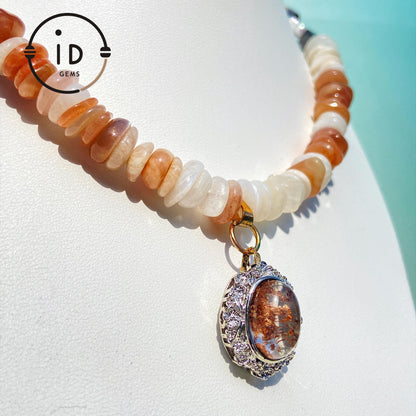 Unregelmäßige Halskette mit Mondstein, Sonnenstein, Phantomquarz & Barockperle · Spiritueller Edelsteinschmuck · Geschenk mit Wunschlänge